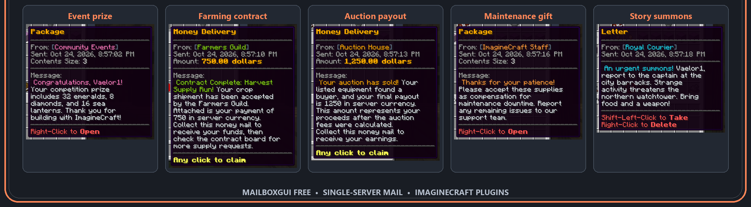 Event, contract, auction, maintenance, and story mail examples
